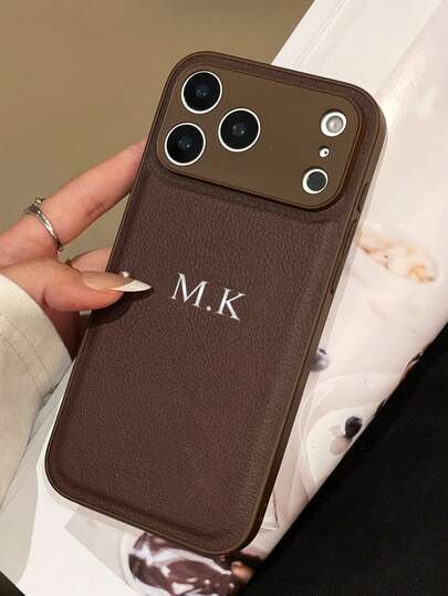 Customized Luxury Litchi Texture Leather Phone Case, Personalized Letter Name, Suitable For Apple 17 16 15 14 13 12 11 Pro Max 16 Plus 17 Air, Full Camera Protection Anti-Fall Anti-Fingerprint Phone Case, Gold, Silver, Orange, Korean Minimalist Retro Couple Phone Case