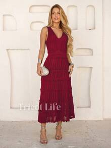 Women's Midi Dress, Knit, Summer, Crochet, Ruffles, Party, Beach, Elegant, Christmas, New Year's Eve, Premium - 焦紅色 - 查看 6