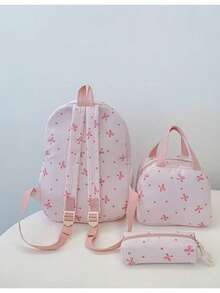 Bộ balo học sinh mới về với nơ trang trí, kiểu dáng tươi mới dành cho nữ sinh trung học, balo đa năng dung tích lớn cho mùa tựu trường. - Hồng - Xem 2