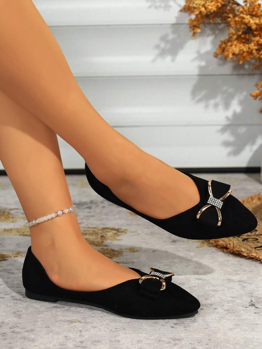 Giày búp bê mũi nhọn đính đá và nơ, kiểu dáng slip-on, giày casual cổ thấp cho mùa xuân và thu, cỡ lớn dành cho nữ. - màu đen - Xem 1