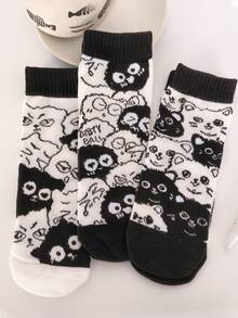 3/6双装 女士薄款卡通黑猫图案复古学院风短袜，适合校园日常穿着，春夏款 - 彩色 - 查看 5