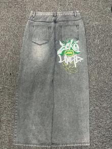 Grunge Goth Y2K 风格男士休闲刺绣宽松阔腿牛仔裤，四季皆宜，时尚个性街头服饰，适合工作、通勤、舞台表演、朋友聚会、户外活动等场合。 - 淺灰色 - 查看 4