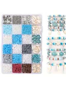 1盒24格蓝色海洋度假风海龟、贝壳、海星饰品制作套装，适合DIY手链和项链制作 - 彩色 - 查看 2