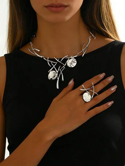 2pcs/Set New Asymmetrical Geometric Branch Alloy Necklace And Ring Set, Suitable For Women's Daily And Festival Wear