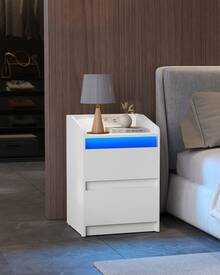 HaluPeit Mesitas de Noche con s LED, Estación de Carga y 2 Cajones, Mesa Auxiliar con Puertos USB y Enchufes de Energía, Ideal para Sala de Estar y Dormitorio - Blanco - Ver 2