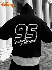 Disney Men's Casual Hoodie, Lightning McQueen 95 Outline Print, Minimalist Racing Style, Relaxed Fit, Ideal For Modern Streetwear & Casual Wear - Black - View 1
