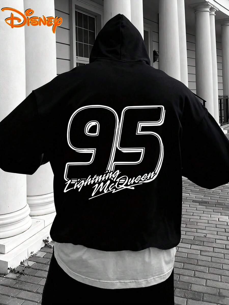 Disney Men's Casual Hoodie, Lightning McQueen 95 Outline Print, Minimalist Racing Style, Relaxed Fit, Ideal For Modern Streetwear & Casual Wear - Black - View 1