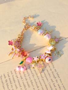 1pc Cute Pink Charm Bracelet, Cross Star Girl Bracelet, Pink Bow Heart Bracelet, Cherry 8 Ball Sakura Bracelet, Ramadan Sun Moon Bracelet - Gold - View 8