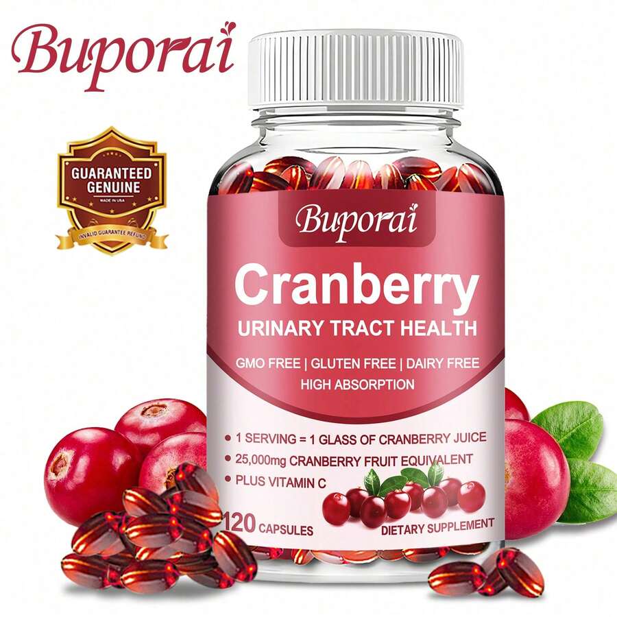 BUPORAI Cranberry 25000mg - With Vitamin C, Protect The Urinary Tract, Kidney Cleanse, Immune Support, Boost Immunity - 120pcs - Một chai - Giai đoạn dùng thử - Xem 1