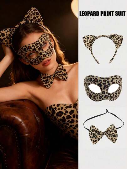 豹纹猫耳发箍配蝴蝶结，豹纹套装，女士万圣节服装配饰，女士派对服装，适合狂欢节、万圣节派对、圣诞夜、生日派对、角色扮演派对、节日或化装舞会。