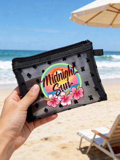 1pc Mini Portable Mesh Makeup Bag Printed With Seaside Pattern With The Letters' Midnight Sun ', For Travel Storage Bag,Makeup Bag,Cosmetic Bag,Vacation Organizer, Skincare Bag, Lip Oil Storage Bag,Mother's Day Gift, Birthday Gifts, Bathroom Storage, Student Dormitory Wash Bag,Gift To Wife, Family, Friends