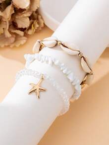 3pcs Casual Classic Retro Versatile Bohemian Style Summer Beach Vacation Series Faux Pearl Shell Starfish Pendant Anklet Set, Women Beach Jewelry - Multicolor - View 2