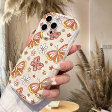 1pc Fashion Yellow Butterfly & Flower Pattern Asymmetric Cream Phone Case, Ideal For Daily Use, Compatible With IPhone17pro/17promax/17Air/17/16e/16/15/14/13/12/11/Galaxy S23/S24/S25/S26/A57/A37/A17/A07 Series - White - View 4
