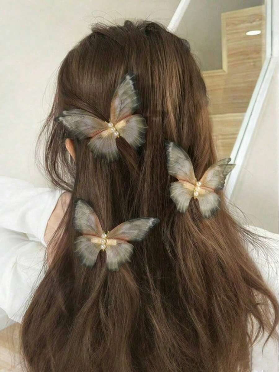 3件套优雅洋葱粉色珍珠网纱蝴蝶结发饰，蝴蝶发夹，精致清新 - 彩色 - 查看 1