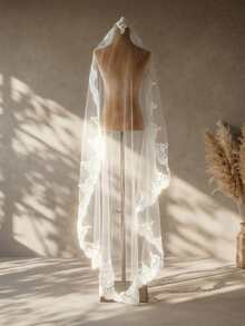 1 chiếc khăn voan cô dâu ren không kèm lược cài, khăn voan thanh lịch phù hợp với váy cưới, phụ kiện đội đầu cho lễ cưới tại nhà thờ. - sữa - Xem 5