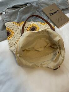 Túi tote hình hoa hướng dương bằng rơm, quai đeo vai bằng da PU, khóa kéo, không có mặt dây chuyền. - Màu be - Xem 5