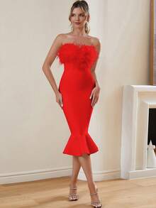Furry Decor Bandage Bodycon Mini Dress, Suitable For Cocktail Party Wedding - Red - View 6