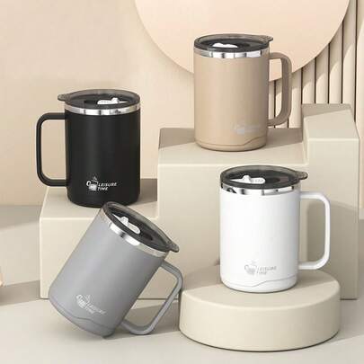 1Pc 500ml 304 Stainless Steel Coffee Mug With Lid&Handle, Portable Sealed Leak Proof Double Wall Water Cup, Insulated Anti Scalding Drinking Cup, Large Capacity Reusable Double-Layer Tea Milk Coffee Cup, Suitable For Students And Adults To Use In School, Office, Travel, Outdoor Camping, Picnic