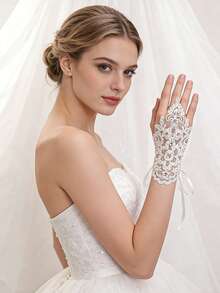 2pcs/Set White Short Rhinestone Lace Fingerless Gloves, Bridal Embroidered Lace Gloves, Elegant Accessory For Wedding Dress, Suitable For Wedding, Banquet, Party, Performance, Birthday, Holiday Events,Summer,Beach - Multicolor - View 4