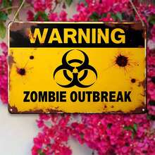 1pc Vintage Iron Sign - "Warning: Zombie Outbreak", With Biohazard Symbol, Suitable For Rustic Wall Decor In Home, Porch Or Farmhouse, Ideal Holiday Gift (12" X 8"), Humorous Gift | Retro Design | Distressed Finish, No Hanging Rope Included - Multicolor - View 4