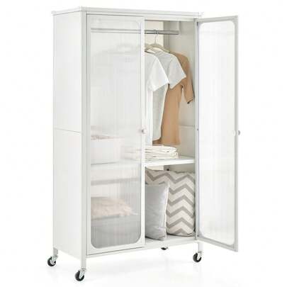  COSTWAY Storage Wardrobe Cabinet, Mobile Metal Wardrobe Armoire Closet W/ Hanging Rod & Adjustable Shelf, Rolling Closet Storage Accent Cabinet W/ Lockable Casters, Armoire Clothes Organizer For Bedroom, White