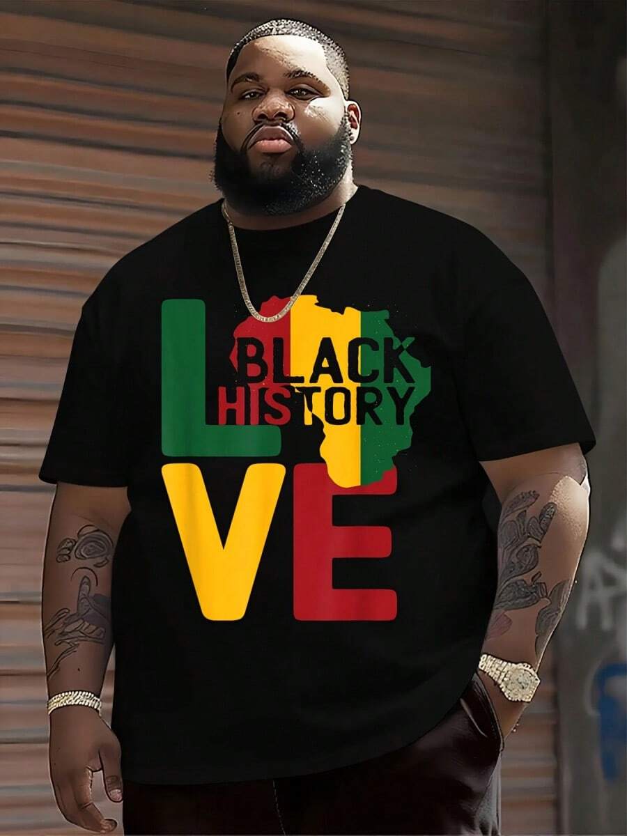 Plus-Size Men's T-Shirt, Featuring A Black History Month African Love Symbol And Pan-African Flag Creative  Print. Men's Casual Street Style Short-Sleeve Top, Available In Extra-Large Sizes. Statement T-Shirt, Suitable For Everyday Wear, Novelty Shirt, Printed T-Shirt, Breathable Material, Finely Crafted, Printed Shirt, Fashionable Apparel, For Urban Fashion Enthusiasts, Cultural Appreciation, Machine Washable - 黑色 - 查看 1