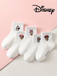 Disney 1/5雙刺繡迪士尼襪，可愛時尚休閒透氣中筒襪，適合兒童、學生日常穿著，開學季、節日禮物 - 白色 - 查看 4