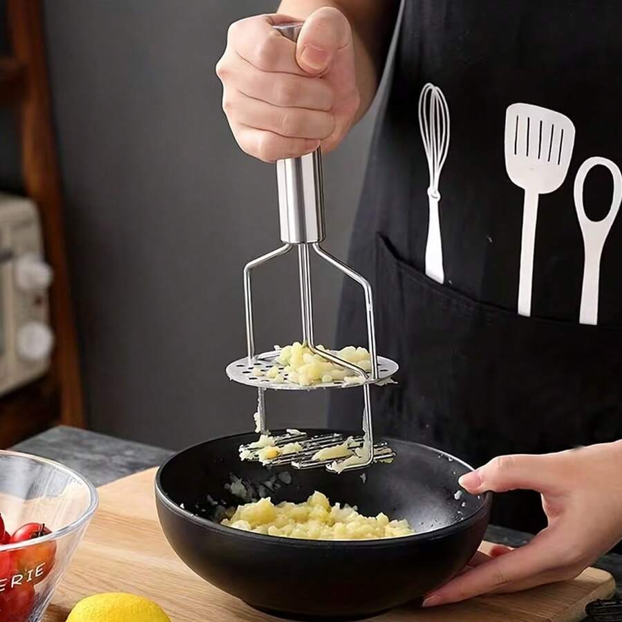 1 pieza Prensador de patatas de acero inoxidable de doble capa premium, prensador de patatas profesional, herramienta de cocina para hacer puré de patatas, plátanos, aguacates, calabazas - Plateado - Ver 1