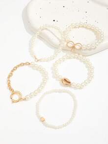 5pcs INS Style Faux Pearl Heart Beaded Elastic Bracelet Set, Minimalist Ocean Bowknot Heart Shell Chain Pearl Bracelets For Women - Gold - View 2