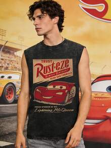 Disney Cars Rust-Eze Sponsor Tank Top- New Men's High-Quality Printed Item - 230g Pure Cotton Washed Vintage Sleeveless V-Neck Top - Men's T-Shirt - Summer Casual T-Shirt - Casual T-Shirt - 黑色 - 查看 1