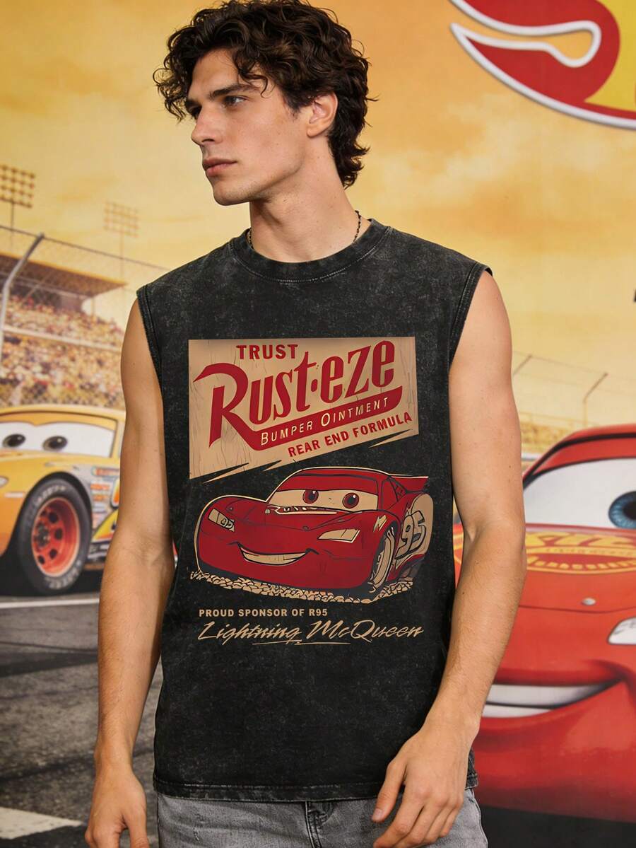 Disney Cars Rust-Eze Sponsor Tank Top- New Men's High-Quality Printed Item - 230g Pure Cotton Washed Vintage Sleeveless V-Neck Top - Men's T-Shirt - Summer Casual T-Shirt - Casual T-Shirt - 黑色 - 查看 1