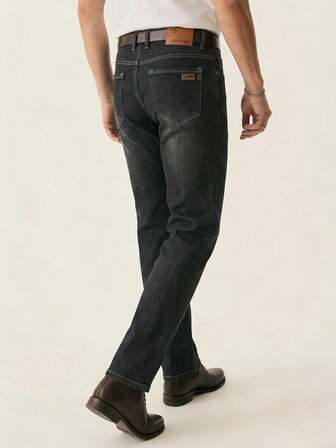 Men's Slim Fit Distressed Washed Stretch Denim Jeans, Comfortable Vintage Streetwear Style Everyday Item, All Season