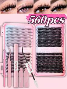 1120PCS/560PCS Individual Lash Clusters Book Kit, 10D 30D 50D 80D Mixed Density, D Curl Wispy Lash Clusters, 0.47–0.63inch Mixed Length, Natural Look Soft Lightweight Reusable DIY Eyelash Extensions, Beginner Friendly, With Lash Glue, Tweezers And Brush, Eyelash Clusters, Individual Eyelashes, Lashes, Fake Lashes, Suitable For Daily Makeup, Wedding, Party, Christmas, Halloween, Valentine's Day And Thanksgiving, Festive Glam Beauty - 粉紅色-1 - 查看 3