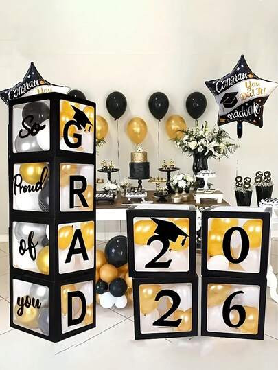 2026 Graduation Party Gifts, 4pcs Black Balloon Boxes, Suitable For 2026 Graduation Party, With "Class Of 2026, We Are Proud Of You" Text, 2026 School Graduation Party Decor