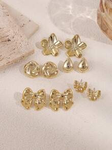 10pcs Fashionable Metallic Flower & Bow Earring Set, Women's Stylish Earring Jewelry Set, Lightweight CCB Material For Daily Wear - Gold - View 6