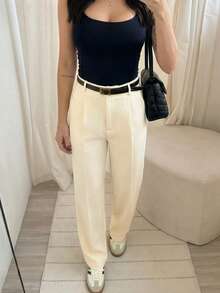 女士高腰阔腿裤，休闲优雅办公裤，纯色宽松直筒裤，柔软舒适休闲裤，春秋季时尚简约职场穿搭 - 杏色 - 查看 2