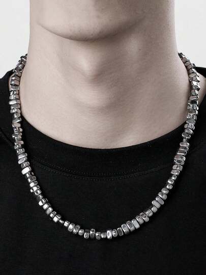 New Hiphop Rock Men Necklace Asymmetrical 8mm Natural Hematite Stone Collar 18 Inches Short Punk Accessories Gifts For Him