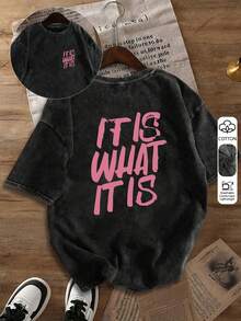 大码女式夏季休闲T恤 | “随波逐流”字母印花，宽松圆领，双面设计，短袖水洗棉T恤，纯棉T恤 - 黑色 - 查看 4