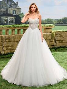 Glamorous Sequin Spaghetti Strap Formal Evening Gown, White Tulle Wedding Dress With Train Spring - White - View 10