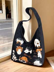 1pc Black Cartoon Cat & Dog All-Over Print + Funny Letter Print Thick Canvas Large Capacity Tote Bag, Casual College Style Shoulder Tote Bag For Daily Commute - Multicolor - View 8