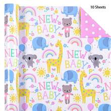 5/10张双面婴儿派对包装纸，28.5*42厘米，可爱动物和新生儿字母设计，非常适合婴儿派对、生日派对、性别揭晓派对。 - 彩色 - 查看 9