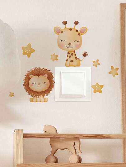 ملصق مفتاح كرتوني للأسد والغزال والنجم، فن أصدقاء الغابة الخيالية، لاصق قابل للإزالة، مناسب لغرفة النوم وغرفة المعيشة وغرفة الأطفال أو المدخل، ملصق تجديد مخرج جميل للحيوانات، انزع وألصق لتحديث فوري لمفتاح الحائط الخاص بك
