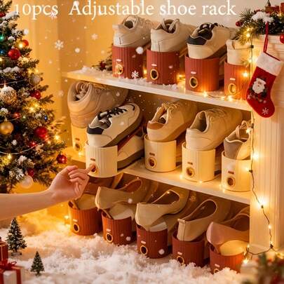 4 قطع رف أحذية، ذو خطوط رأسية مع حلقة ذهبية. نظام ألوان أنيق. توفير المساحة، يحل مشكلة الفوضى، مناسب لجميع أنواع الأحذية. قابل للطي والتركيب، مناسب للغرفة المعيشية والسكن والخزانة. مصنوع من مادة بلاستيكية متينة