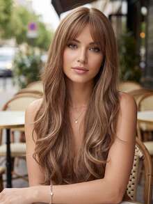 32 Inch Long Brown Wavy Wig For Women - With Bangs, Heat Resistant Synthetic Fiber, Adjustable Size - Khaki - View 3