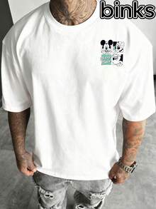 Disney Four Panel Cartoon Mickey Mouse Pattern Print, Cartoon Elements Fashionable Loose Short Sleeved Street Style T-Shirt, Spring And Summer Fashionable Versatile Top - trắng - Xem 3