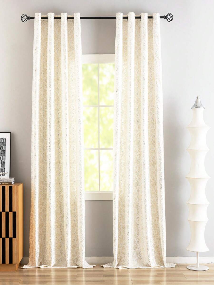 2026新款小叶图案薄纱窗帘，半片装，北欧风格白色天鹅绒，带箔印图案 - 白色 - 查看 1