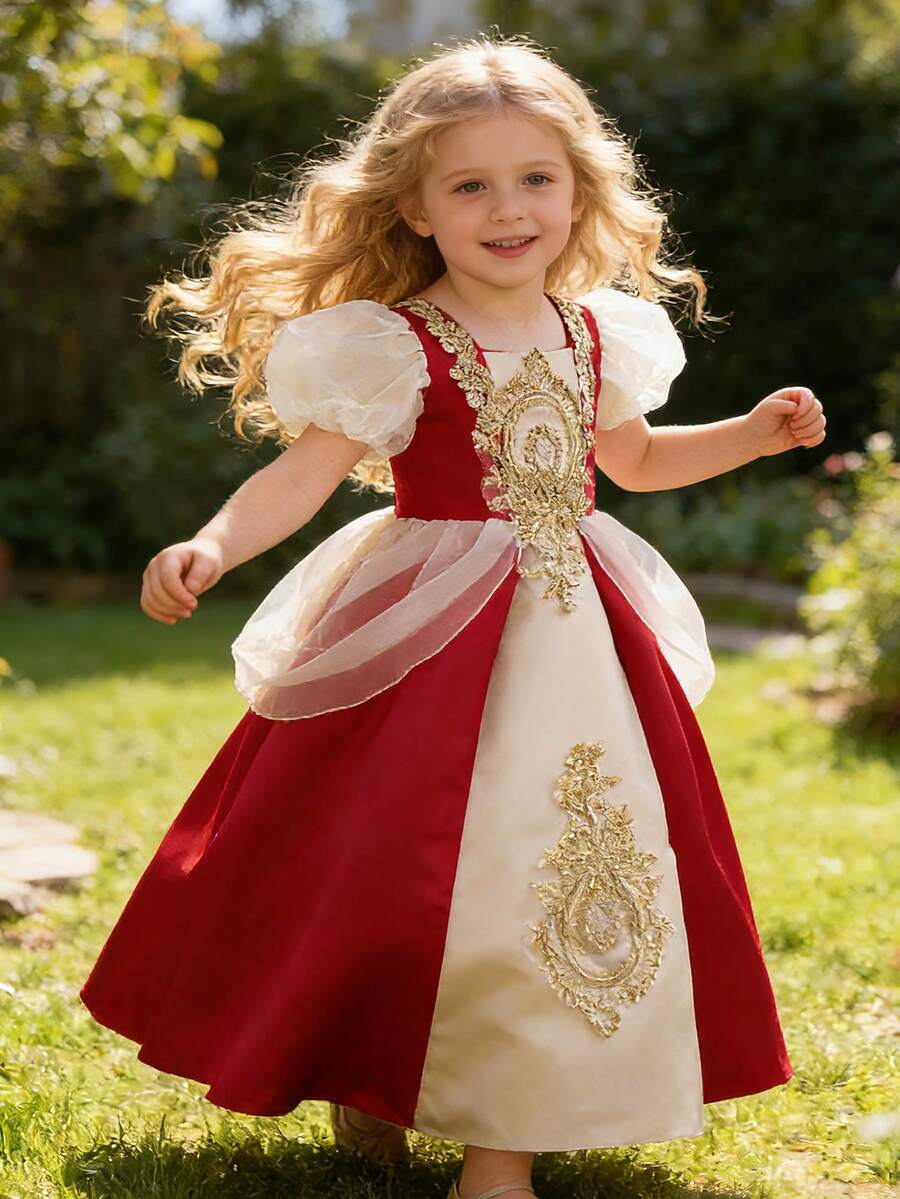 Vestido de fiesta largo rojo con bordado floral dorado para niñas preadolescentes, estilo princesa con mangas abullonadas - Burdeos - Ver 1