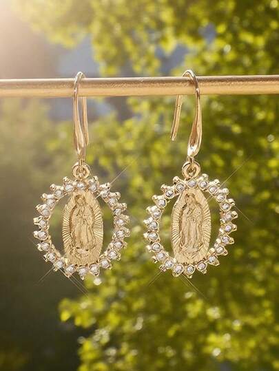 1 Pair Gold-Plated Oval Virgin Mary Earrings With Cubic Zirconia, Minimalist Style, Suitable For Women's Wedding And Catholic Jewelry