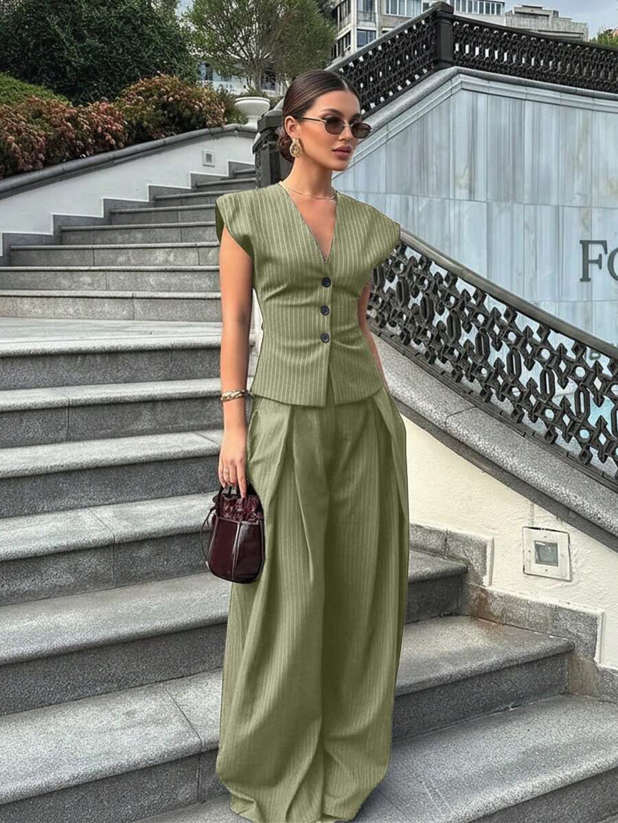 女款夏季休閒套裝,度假穿著、通勤穿著、外出穿著,時尚優雅女款兩件套,女款無袖V領細條紋西裝上衣,百褶寬腿褲套裝,輕便兩件套 - 綠色 - 查看 1