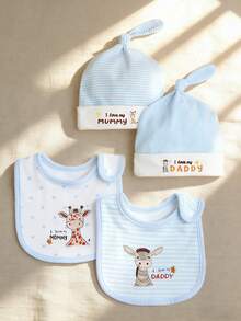 momscare 4件套婴儿围兜和帽子套装，长颈鹿图案，蓝色系列，新生儿护理帽（男女通用） - 彩色 - 查看 8